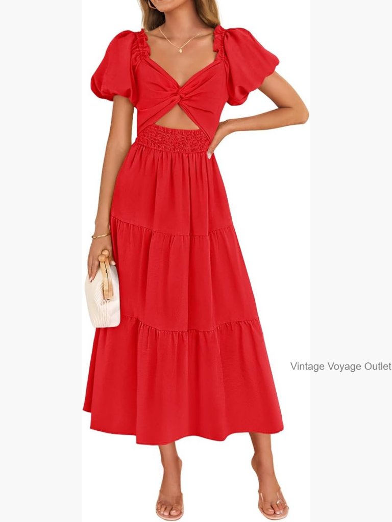 Flowy High Waist A-Line Maxi Dress With Short Puff Sleeves
